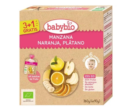 BabyBio Puré Manzana Naranja Plátano Bio 4x90g