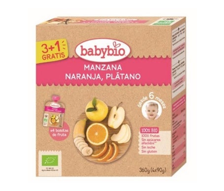 BabyBio Puré Manzana Naranja Plátano Bio 4x90g