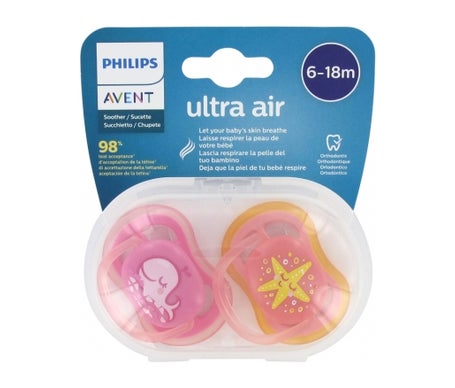 Avent Pack Chupetes Ultra Air Ballena y Estrella Rosa 6-18m 2uds