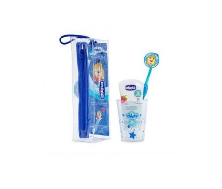 Chicco Pack Cepillo Dental Azul León + Dentífrico Fresa 50ml + Estuche + Vaso