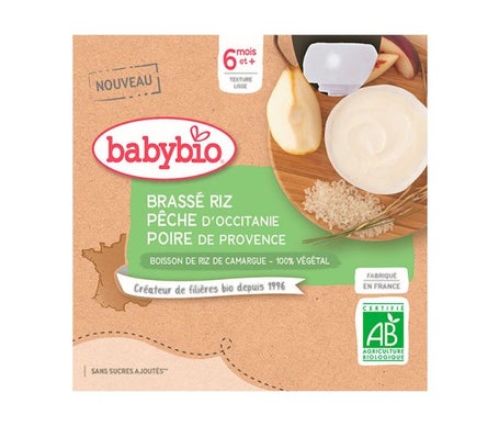 BabyBio Brassé Riz, Pêche, Poire 4 x 85g