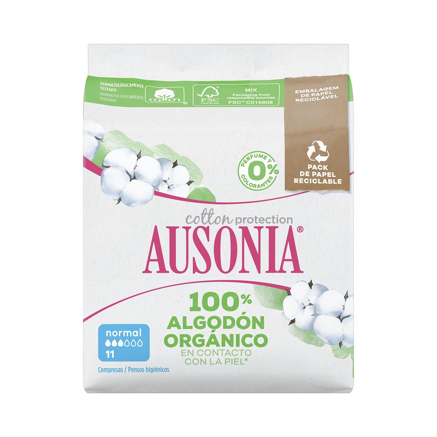 Ausonia Compresas 100% Algodón Orgánico Absorción Normal 12 uds