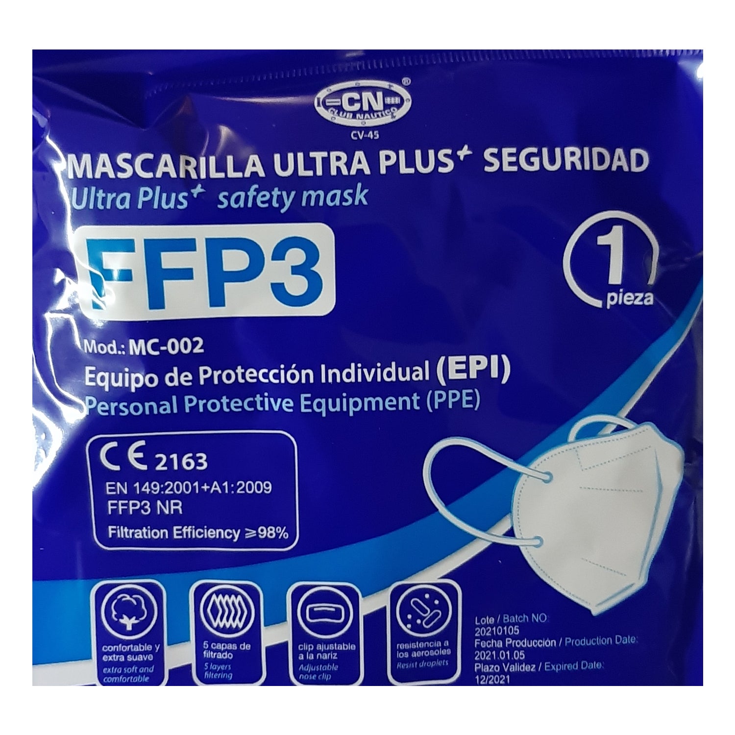Club Náutico Mascarilla FFP3 Ultra Plus Seguridad Negra 1ud