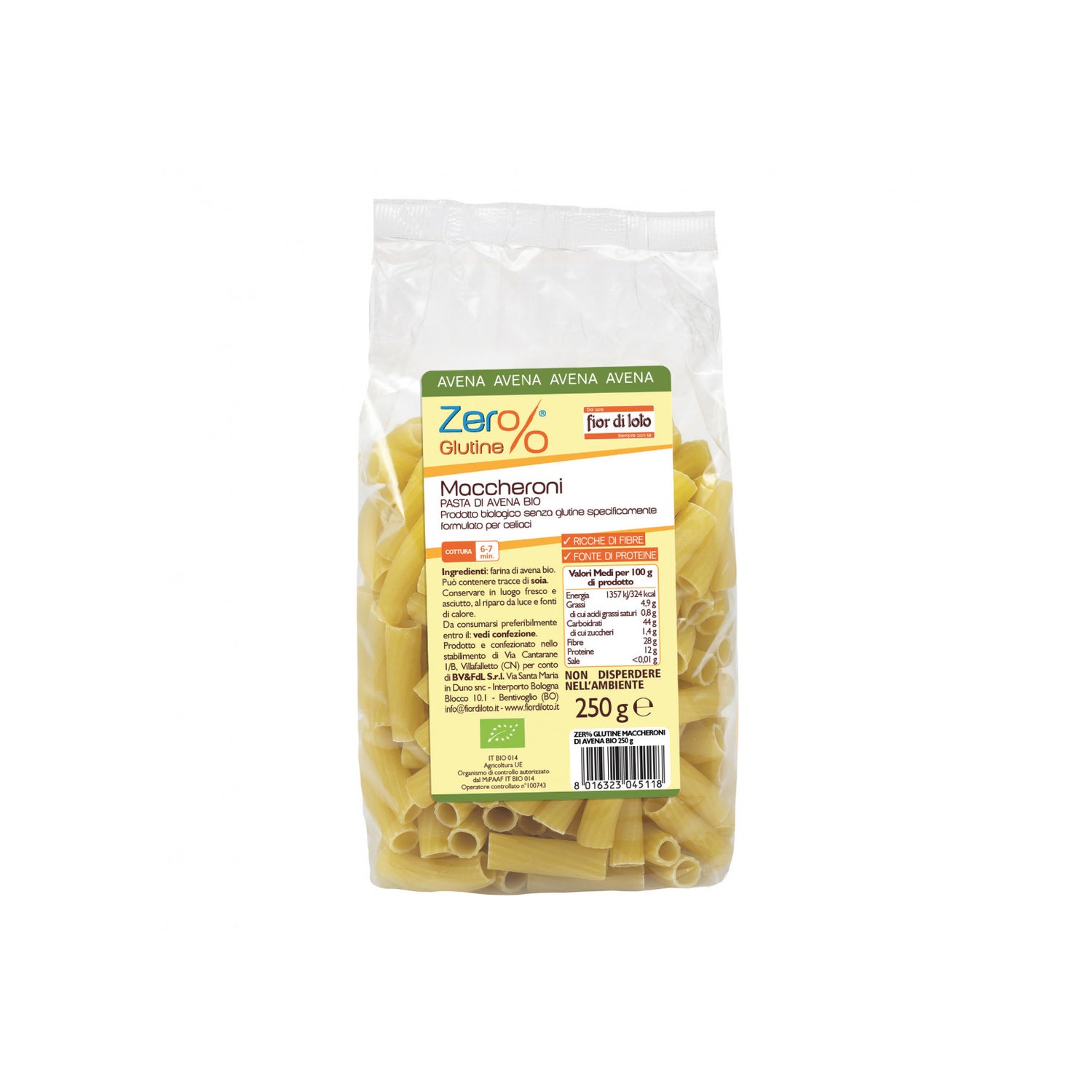 Fior di Loto Zero % Gluten Pasta Avena Maccheroni 250g | PromoFarma